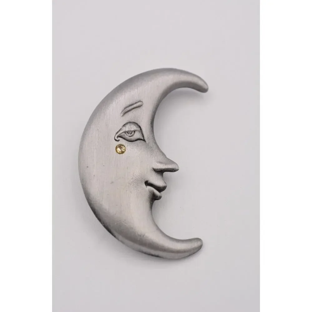 AJC Vintage Celestial Crescent Moon Pin Brooch Face Crystal Signed 1980s BinA18